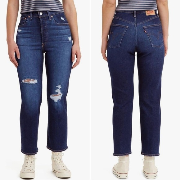 Levi’s Ribcage Straight Ankle Jeans 26 2 distressed dark wash high rise waist - Picture 1 of 14